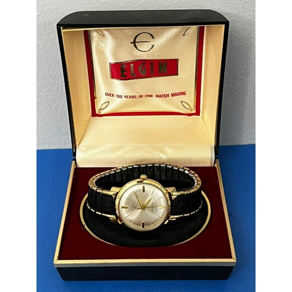 Vintage 1960s Mens Elgin Silver & Gold tone Pie Pan Dial Watch in box - Picture 1 of 16
